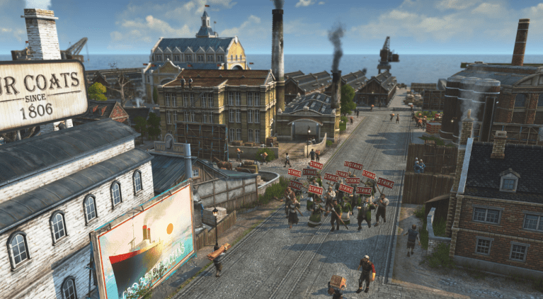 Image of a crowd striking in Anno 1800.