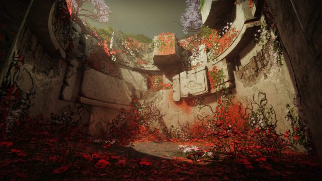 A secret room in Starcrossed has a circular layout made of concrete Vex walls and overrun with the Black Garden's flora.