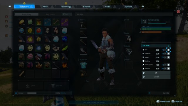 A screenshot of the player inventory in Palworld with the stats highlighted.