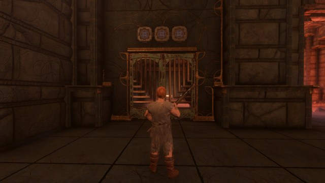 The locked door in the Hunter's Ancient Vault in Enshrouded.