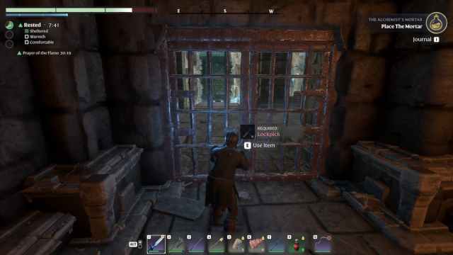 Player in Enshrouded unlocking the metal door with a lockpick