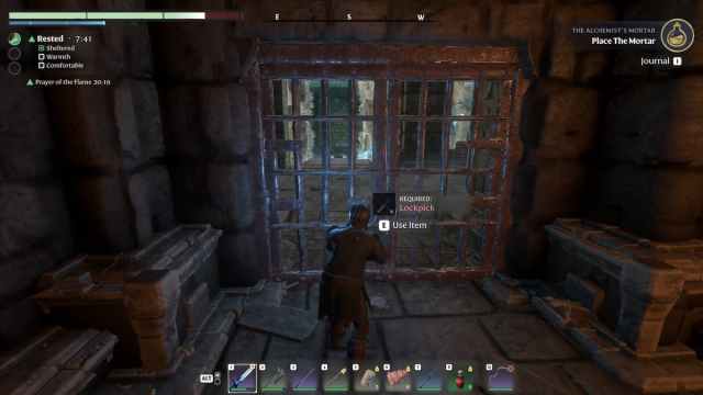 Player in Enshrouded unlocking the metal door with a lockpick