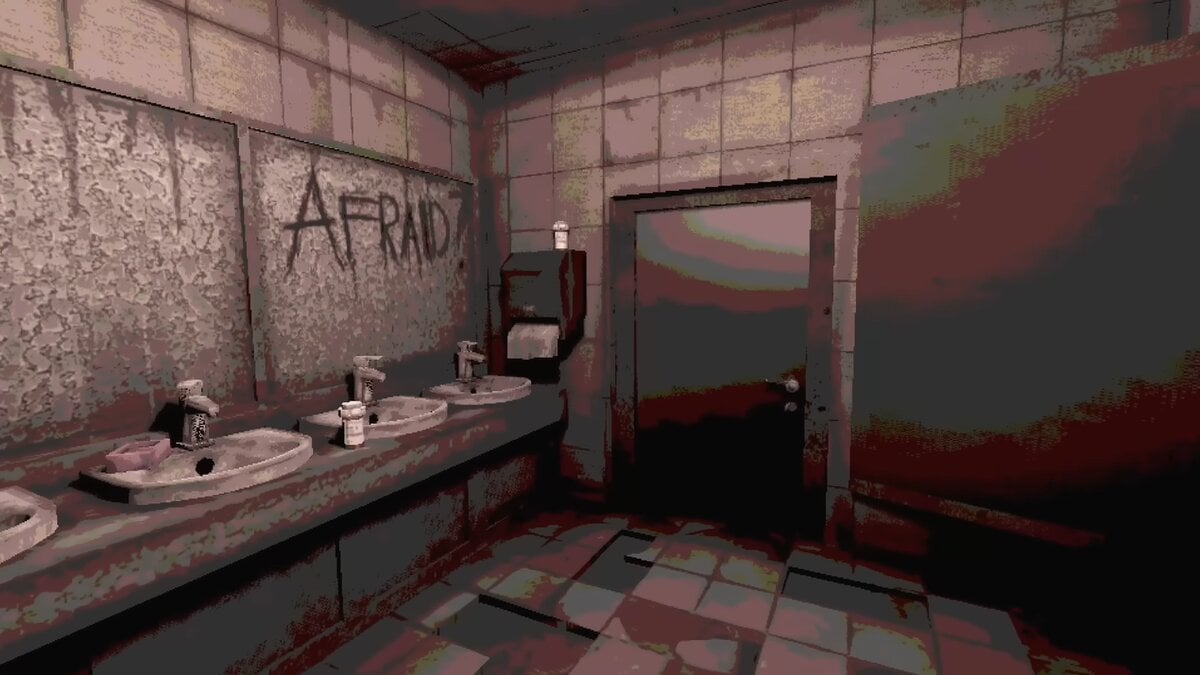 Bathroom with "afraid" on the mirror in Buckshot Roulette opening