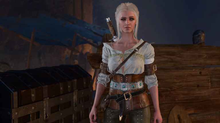 An in game image of the Ciri clothes mod on a human female in Baldur's Gate 3.