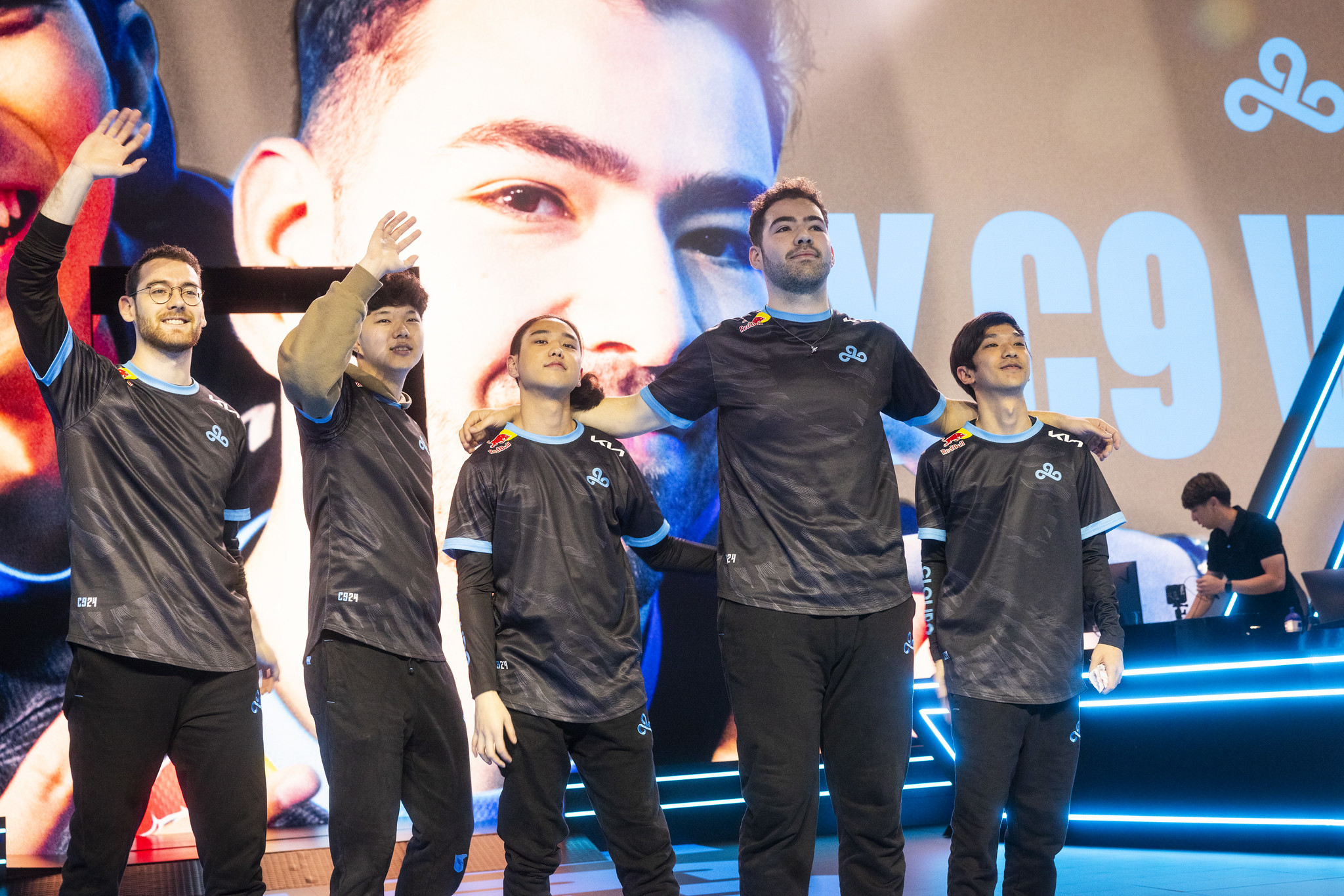 The members of Cloud9's 2024 LCS Spring Split roster, including Fudge, Blaber, Jojopyun, Berserker, and Vulcan, celebrate their second victory of the split.