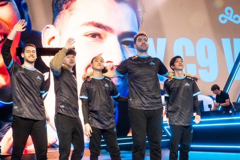 The members of Cloud9's 2024 LCS Spring Split roster, including Fudge, Blaber, Jojopyun, Berserker, and Vulcan, celebrate their second victory of the split.