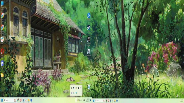 House in the forest on both monitors using wallpaper engine