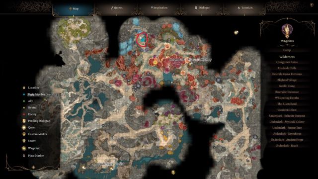 An in game screenshot of the map of the Underdark in Baldur's Gate 3.