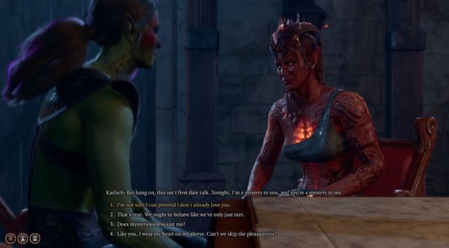 An in game screenshot of Tav and Karlach on a date in Baldur's Gate 3.