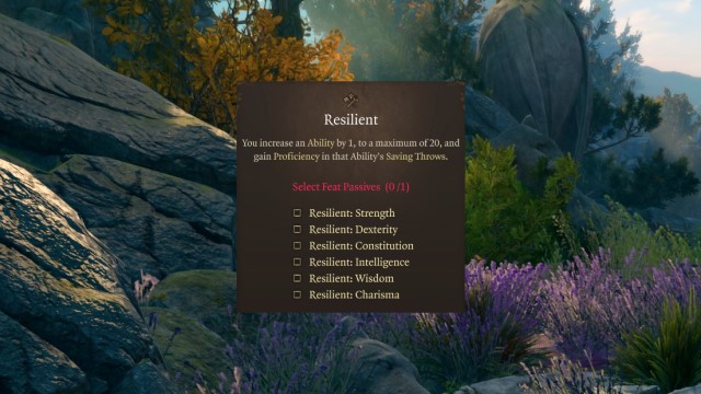 The Resilient feat, without any options selected, sits on the level-up screen of Baldur's Gate 3.