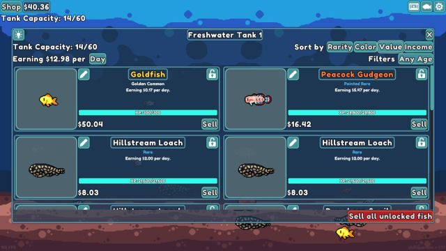 An in-game screenshot of the tank menu in Chillquarium.