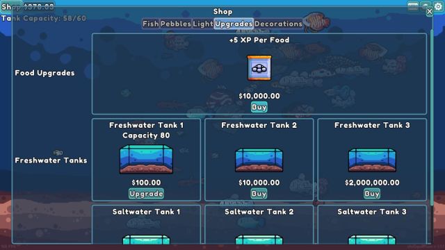 An in game screenshot of the Upgrades shop in Chillquarium.