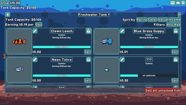 An in-game screenshot of the Tank menu in Chillquarium.