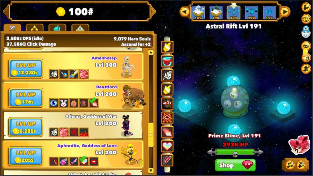 An image of the list of heroes and the boss from level 191 in Clicker Heroes.