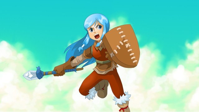 An image of a female hero leaping into combat with a spear and shield.