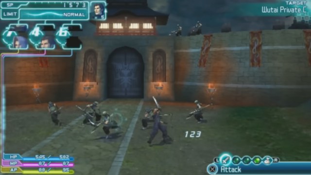 combat in Crisis Core: Final Fantasy VII with two party members and dealing 123 damage to an enemy