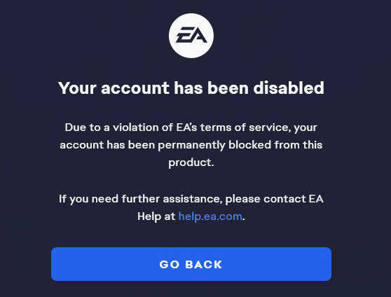 EA message alerting player to account ban