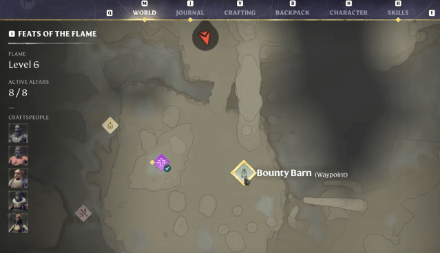 Image of the map in Enshrouded showing the location to the Bounty Barn.