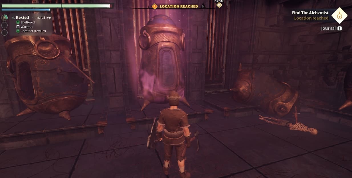 The player character in midst of finding the Alchemist in Enshrouded.