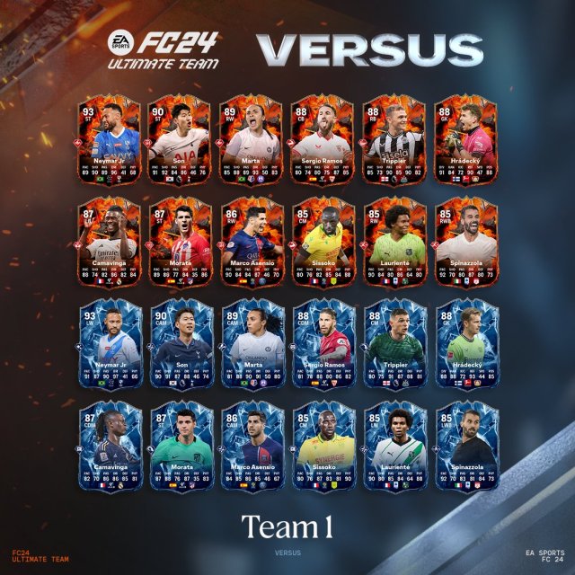 An image showing all the cards available in Team 1 of the Versus Promo in EA FC 24.