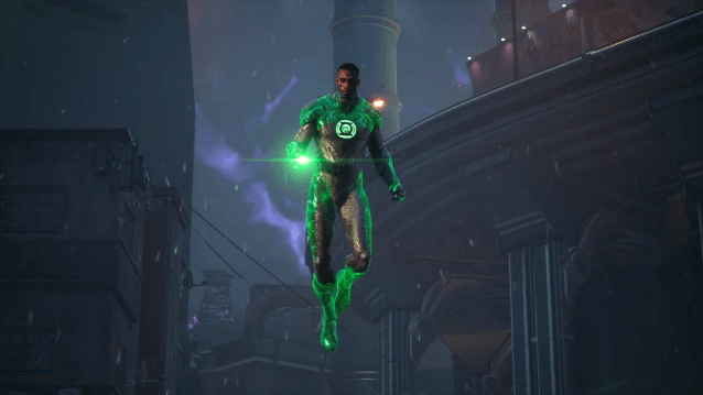 Green Lantern levitating in the air.