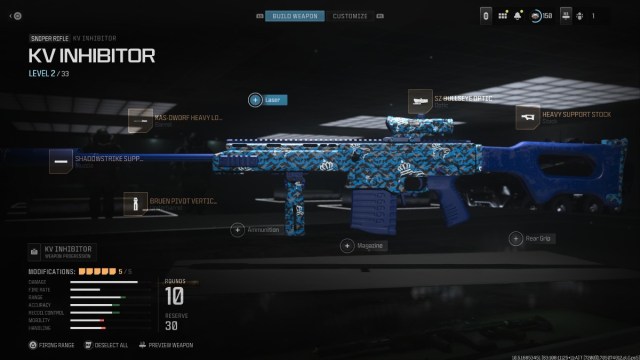 The KV Inhibitor in Call of Duty Modern Warfare 3, with a blue paint work.