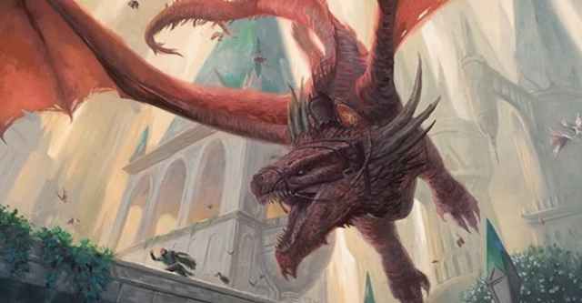 Dragon chasing down creature in Ravnica