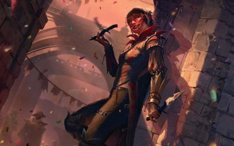 Massacre Girl leaning up against Ravnica wall holding knives