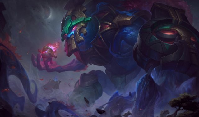 Worldbreaker Maokai looking down and holding a sapling in his right hand.