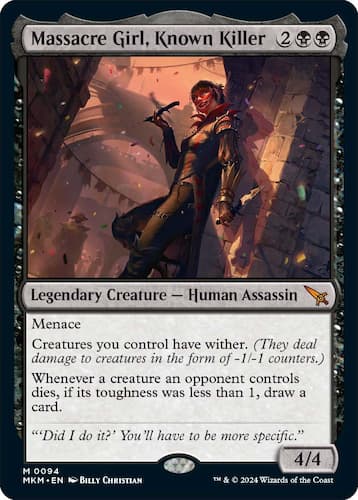 Massacre Girl leaning up against Ravnica wall holding knives