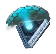 The Mega Shield in Palworld, a grey triangular item emitting a blue honeycomb-like pattern.