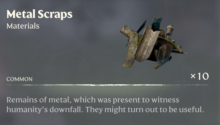 A screenshot from Enshrouded showing readers what metal scraps look like, a collection of metal pieces and shreds.