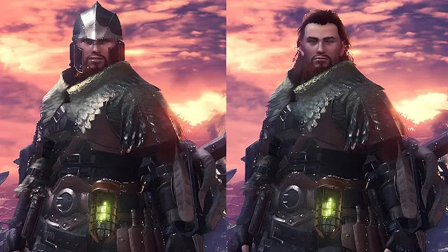 A character with and without a helmet in Monster Hunter World