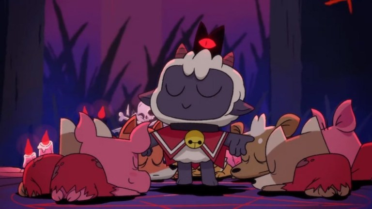 An screenshot of the lamb protagonist with the cult followers from Cult of the Lamb