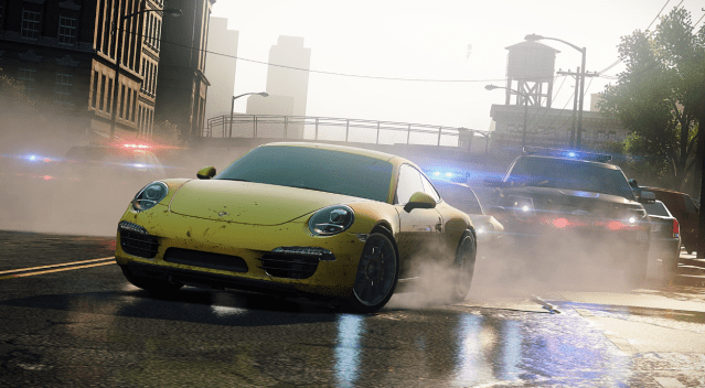 A yellow Porsche drives away from a swarm of police cars with their lights flashing.