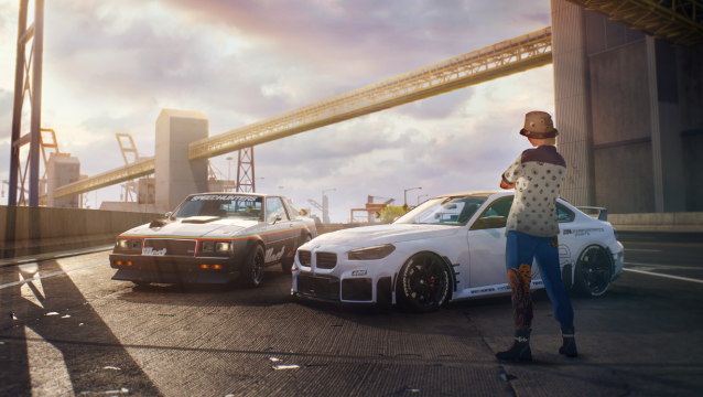 A character in a bucket hat looks at two customized cars in front of them.