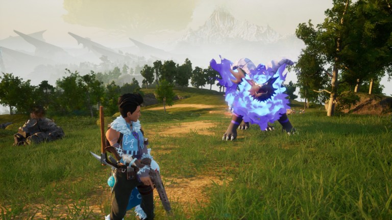 A player stood alongside a Blazehowl Noct in Palworld.