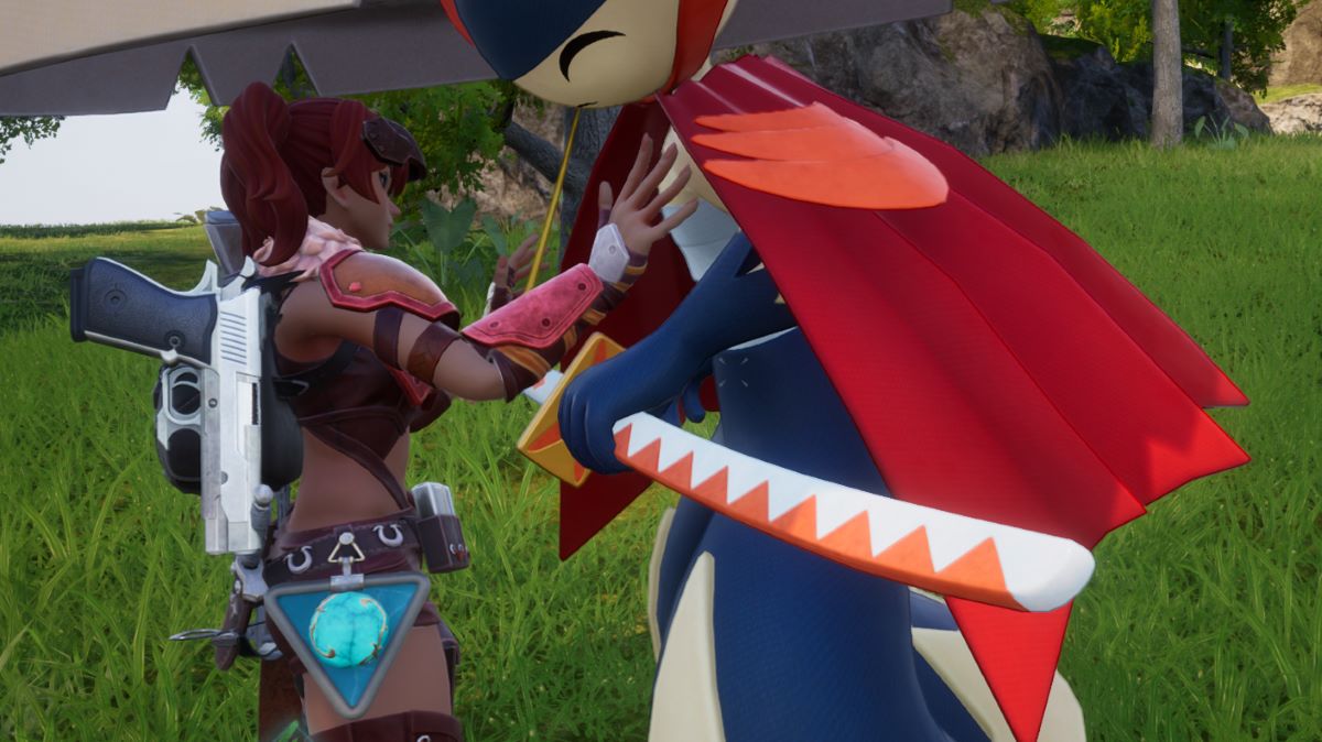 A screenshot of a player petting a Bushi in Palworld