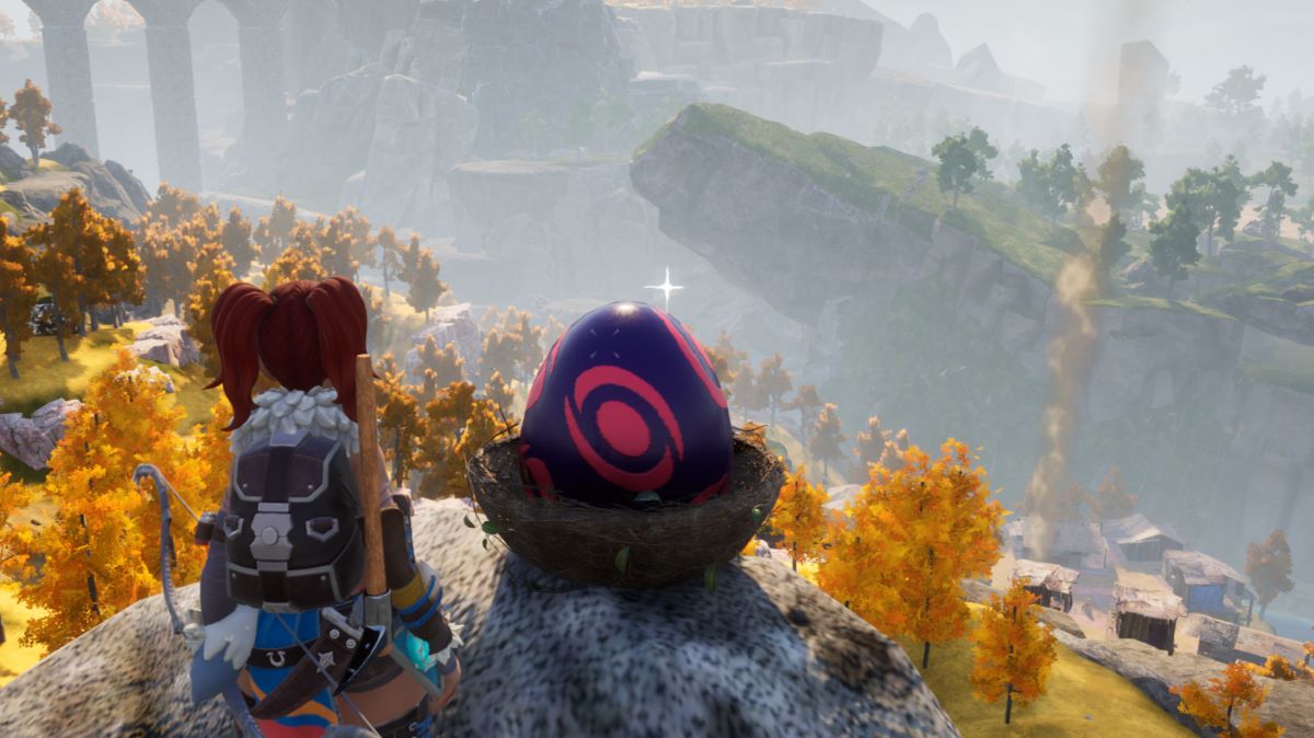 a screenshot of a player standing near a dark egg on a mountaintop in Palworld.