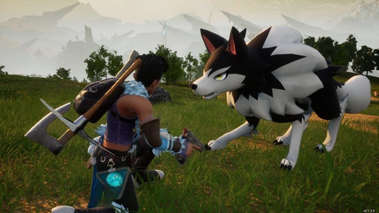 A player petting a Direhowl in Palworld.