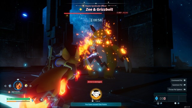 A player in Palworld using Foxparks as a flamethrower against Grizzbolt and Zoe.