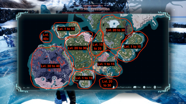 An outlined map of Palworld's southern areas with level recommendations.