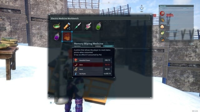 A screenshot of a crafting menu in Palworld showing the Memory Reset Drug.