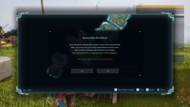 A screenshot of the Palworld Palbox disassembly confirmation pop up.