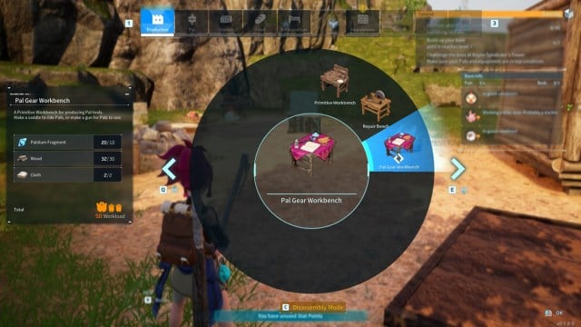 A crafting wheel showing the recipe for Pal Gear Workbench