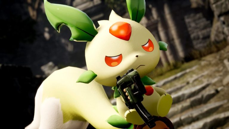 A screenshot of a Palworld Pal holding a gun