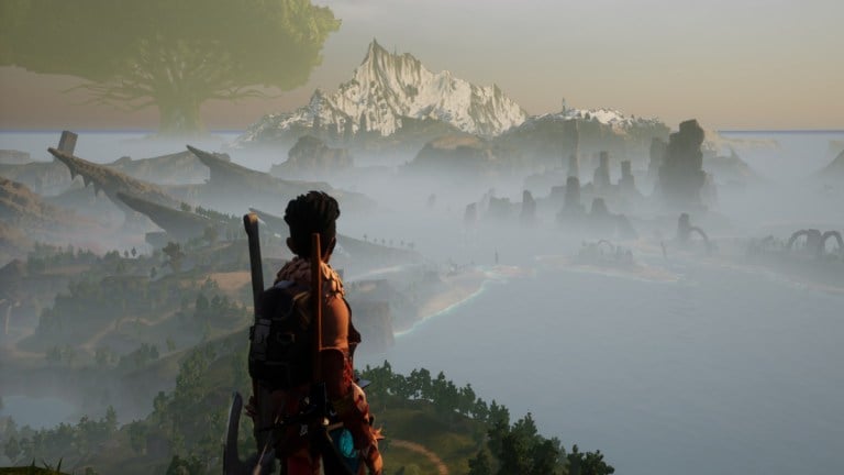 A player in Palworld looking at the environment from a cliff edge.