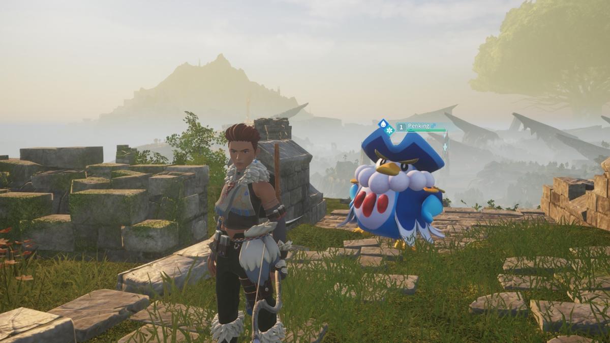 Penking and a Palworld character standing on a cliff
