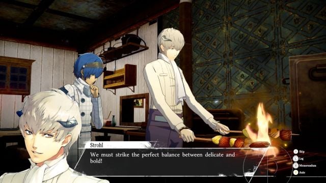 A screenshot from Persona 3 Reload that displays two characters cooking and speaking.