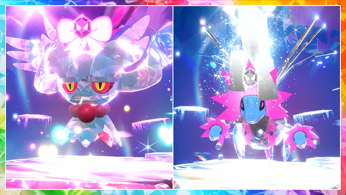 Side-by-side image of Flutter Mane and Iron Jugulis Tera Raids in Pokémon Scarlet and Violet.